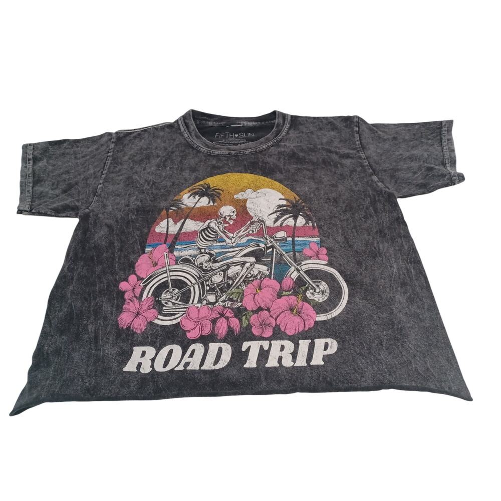 FIFTH Sun Woman Top XS Tshirt Crop Road Trip Skeleton On Motorcycle